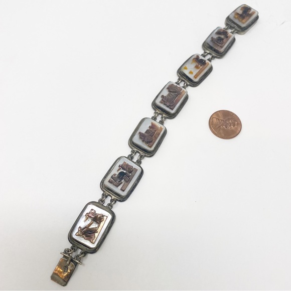 679 Vintage 800 Silver And Mother Of Pearl 7-day Cameo Link Bracelet - Picture 6 of 8